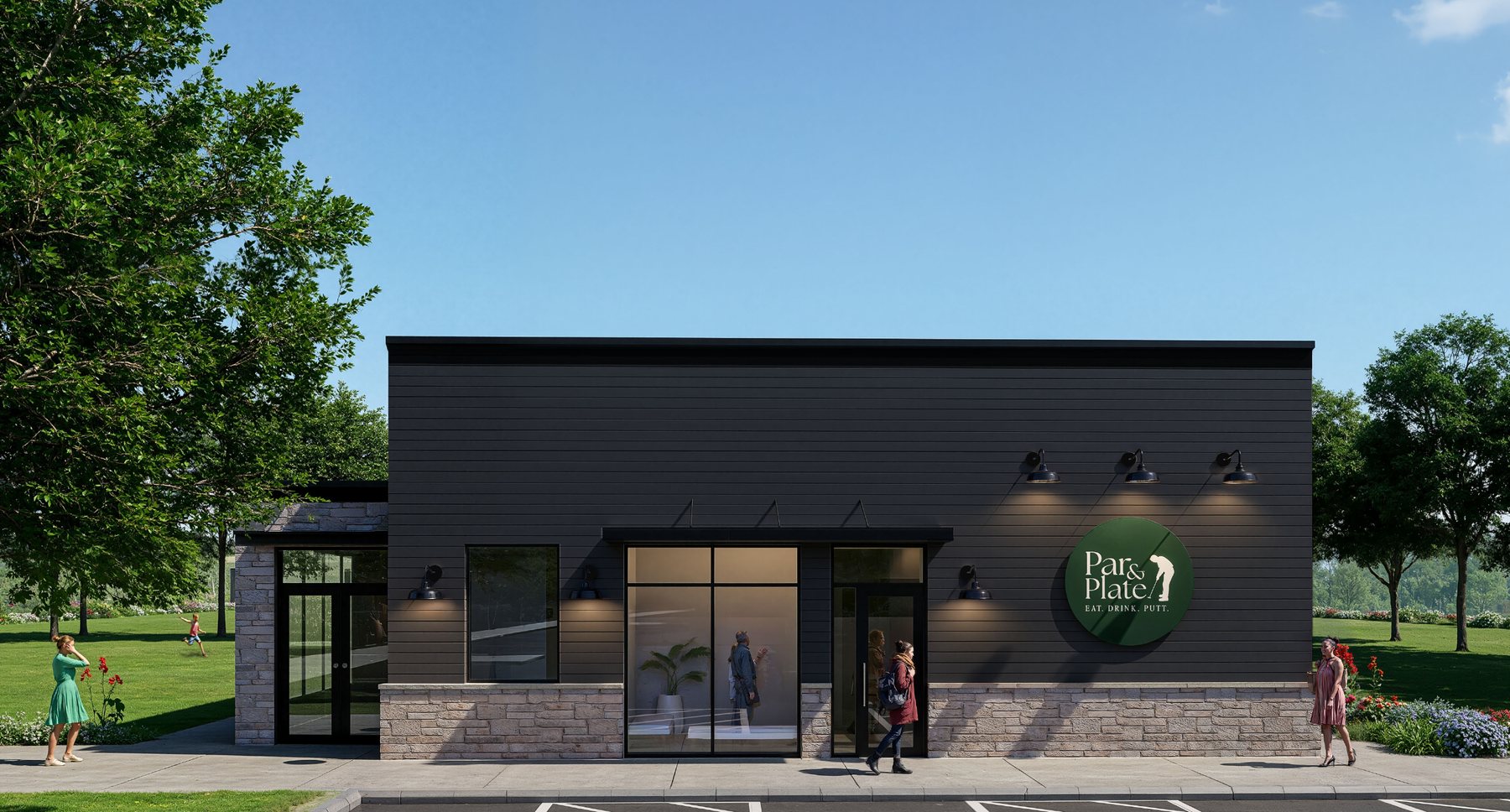 Architectural rendering of the Par & Plate clubhouse, a modern dark building with stone accents and large glass windows.